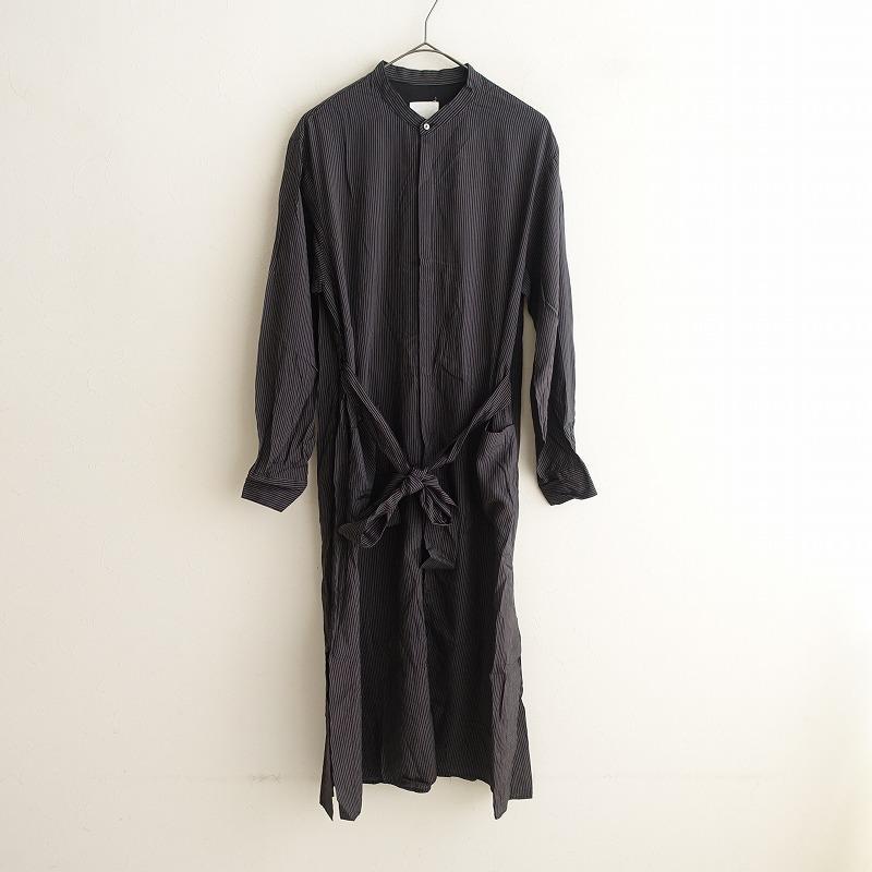 美品】イキ iki *シャツワンピース*F腰紐ストライプ長袖バンドカラー黒 