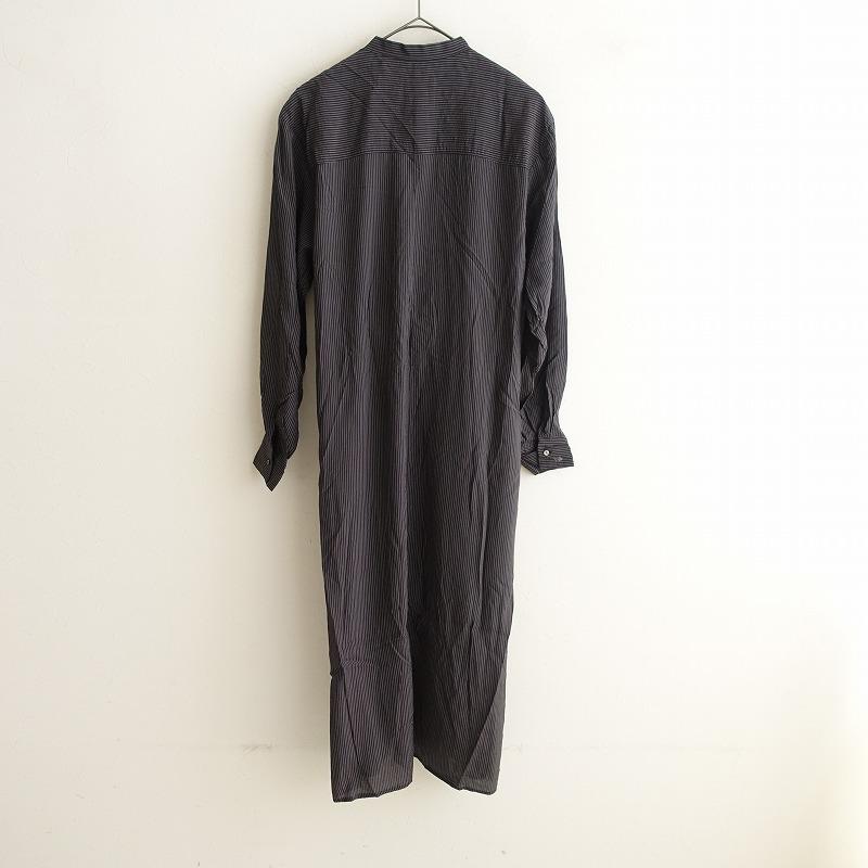 美品】イキ iki *シャツワンピース*F腰紐ストライプ長袖バンドカラー黒 