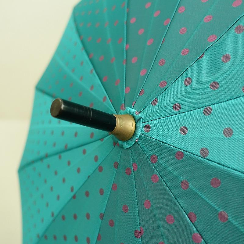 美品】 *福井洋傘 ドット柄雨傘*アンブレラ水玉グリーンレザーカーボン