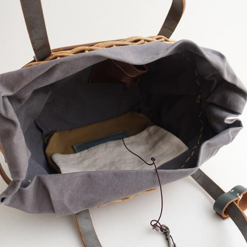 エバゴス ebagos *紅籐×レザーカゴバッグ*かばんトートバスケットナチュラル×グレー0426(ba10-2604-86)【31E62】の画像