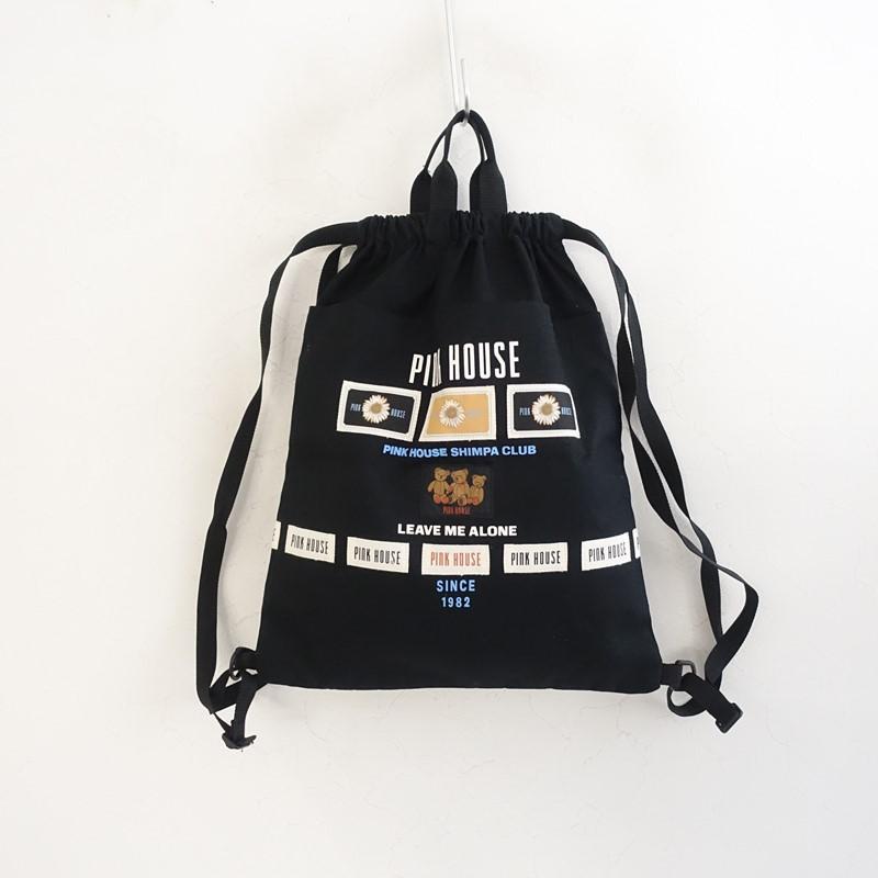PINK HOUSE（ピンクハウス） *黒パッチ使いナップサック*かばん綿黒
