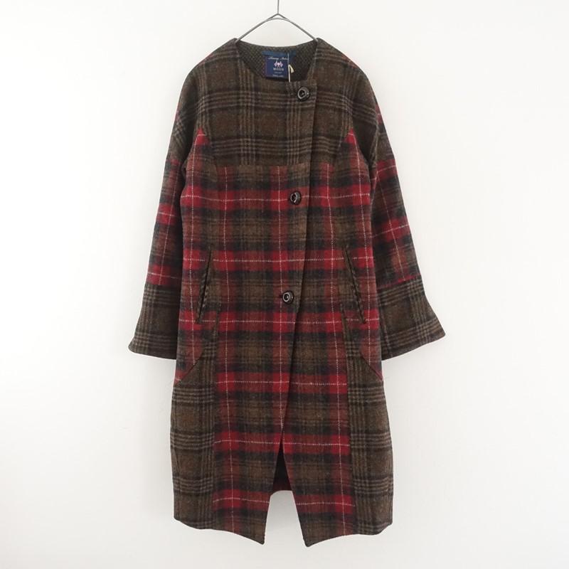 美品 ! D-due デ・ドゥエ チェック柄ウール混ジャケットコート ドゥダッカ de dacca *MOONウールチェックロングコート*38ノーカラー毛