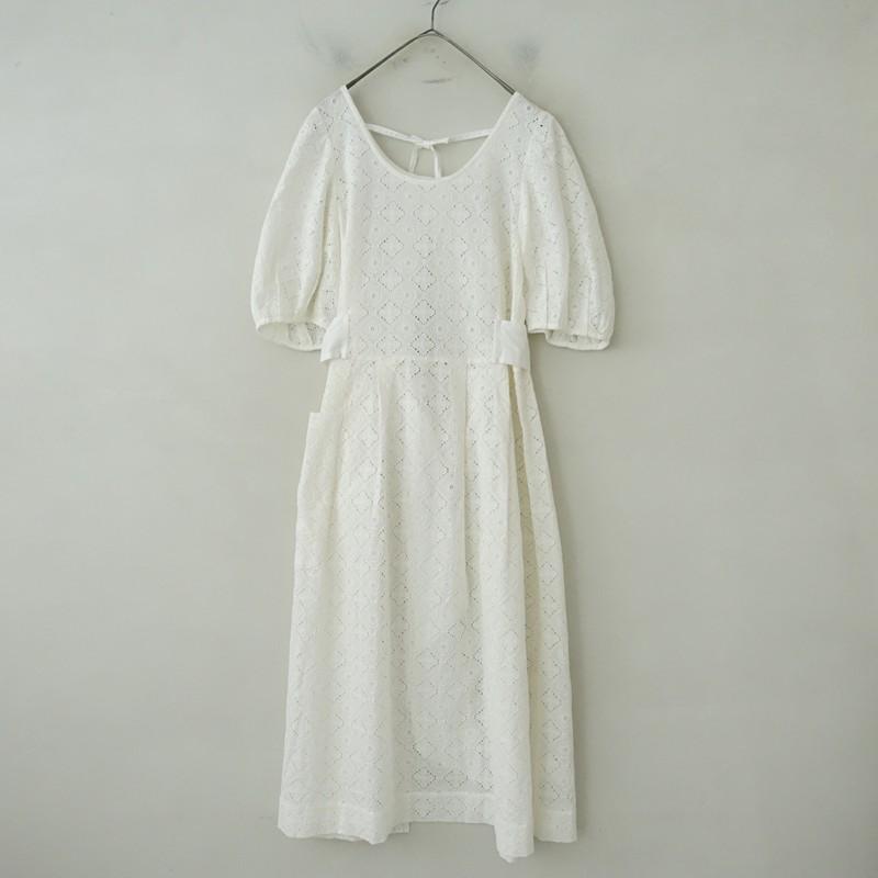 gasa コットンリネン 袖刺繍カットワーク ギャザーブラウス チュニック ホワイト レディース ガサ【中古】4-0802M♪ roseneckworks_1000807