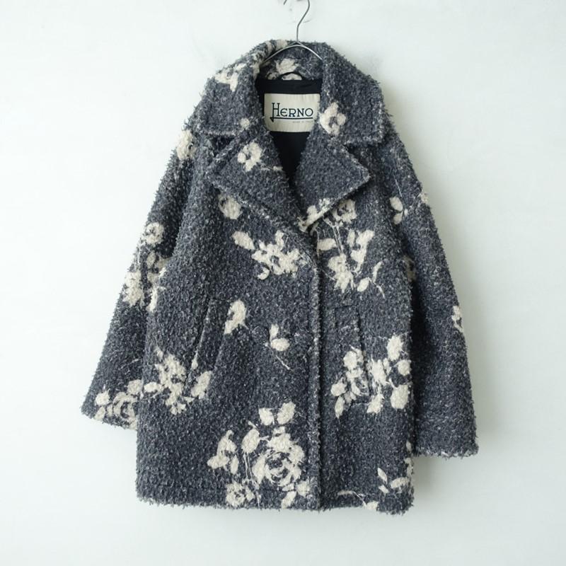 HERNO（ヘルノ） HERNO*ループツイードコート*40花柄チャコールグレー 