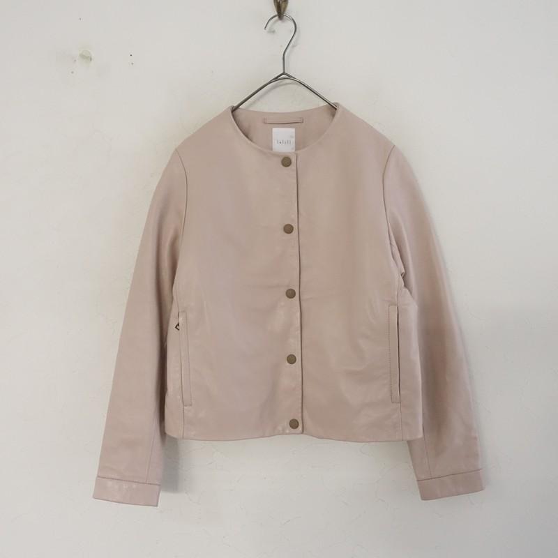 ✨美品✨LOUNIE 羊革 ラムレザー ノーカラージャケット 36 ベージュ レリル lelill *ラムレザージャケット*36ピンク羊革ノーカラードット