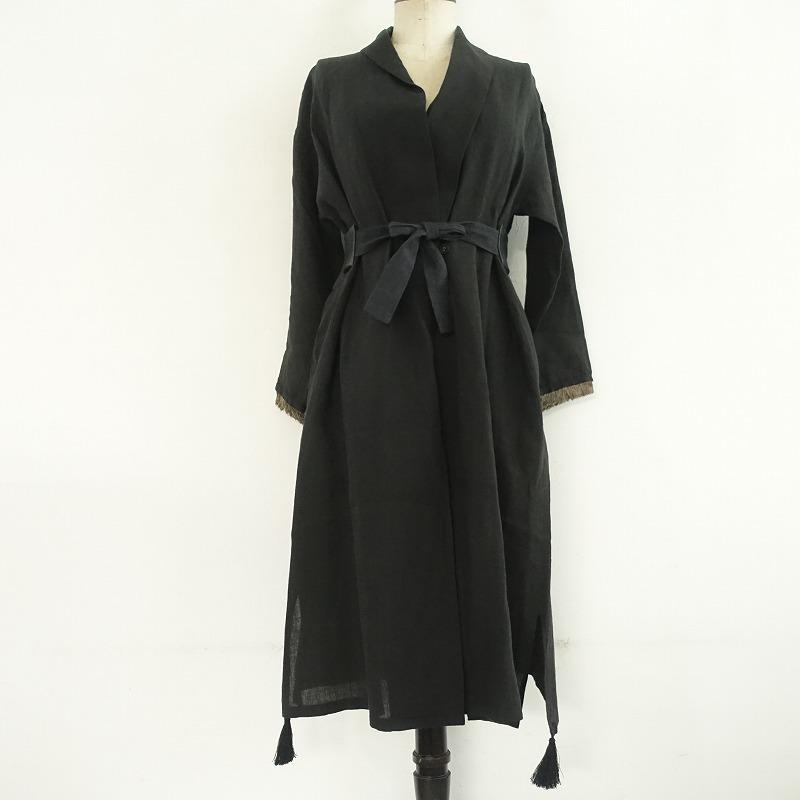 Tabrik タブリク *フリンジ＆タッセル付リネンロングコート*麻ブラック