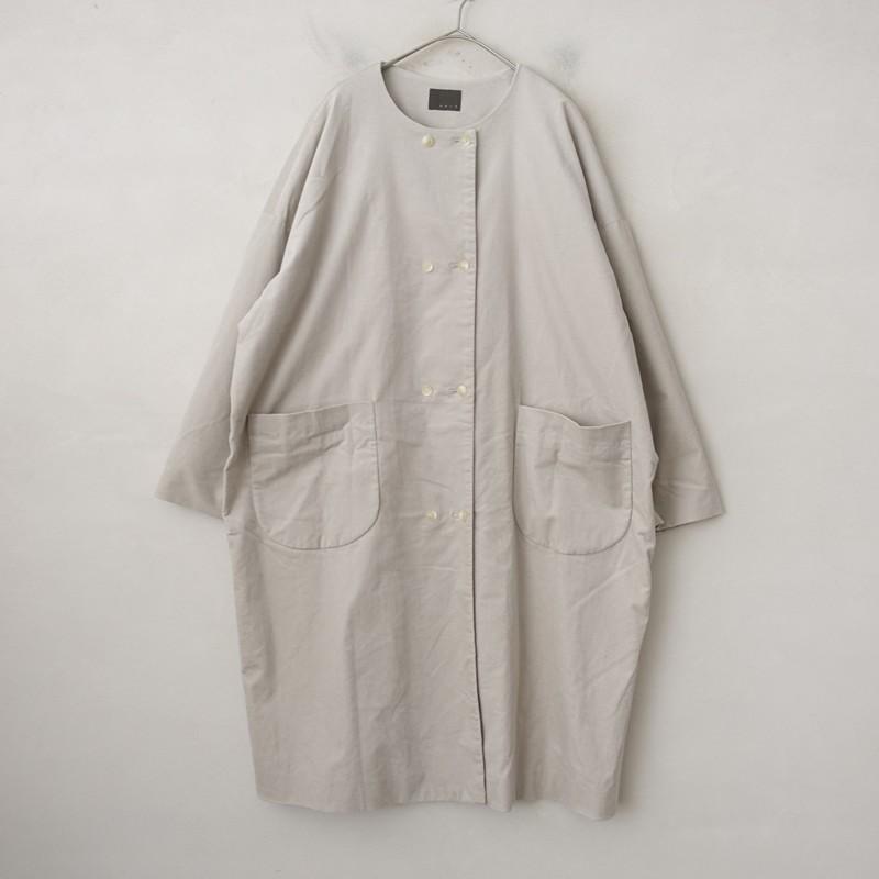 TANDEY オローネ *ノーカラーコート*綿グレーベージュダブルボタンノー