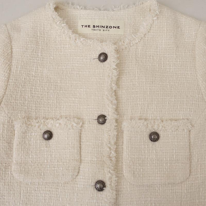 美品☆THE SHINZONE　ノーカラージャケット　ツイード　シルク混　S　白 THE SHINZONE（ザ シンゾーン） 【定価6.9万】シンゾーン *ツイード