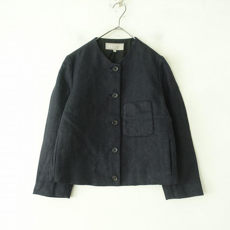 【極美品】マーガレットハウエル リネン100% ジャケット ヘリンボーン 紺 M MARGARET HOWELL（マーガレットハウエル） *リネンヘリンボーンノー