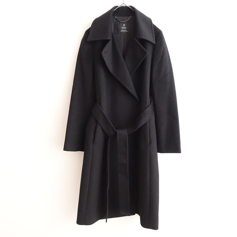 INED（イネド） *メルトンウールコート*9黒ブラック無地トレンチ