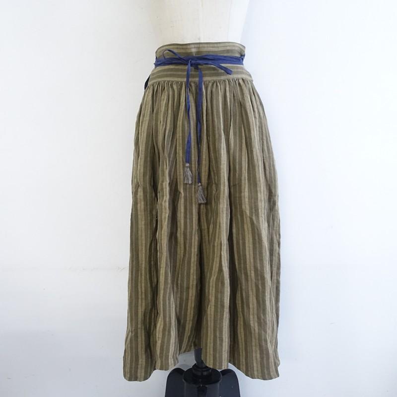 最終値下げ★超美品★Tabrikタブリク巻きスカート Tabrik タブリク *リネン前後切替スカート*麻リボンギャザーストライプ