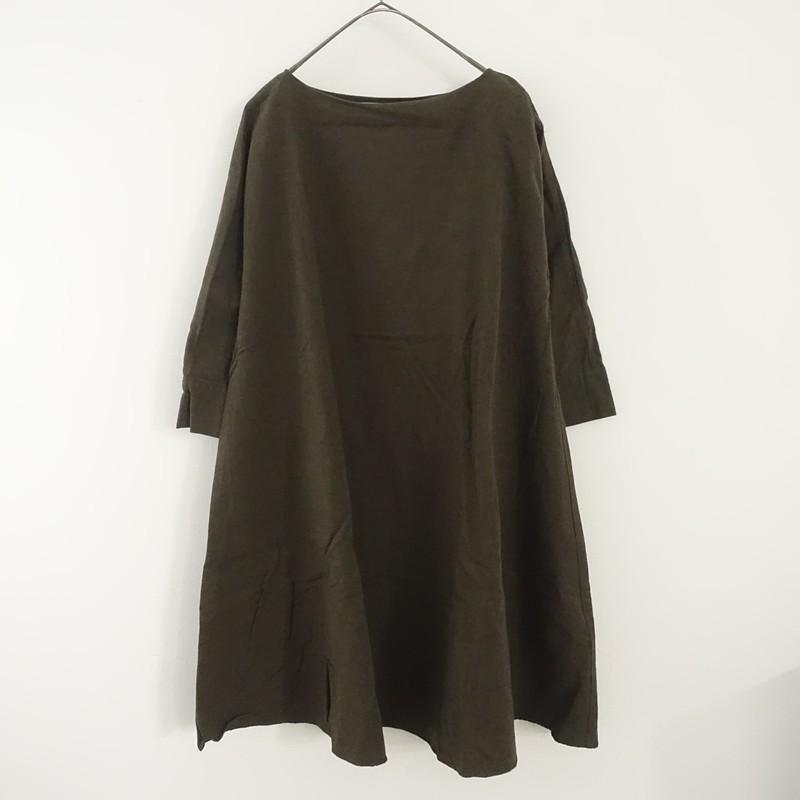 ★カーキ× ブラック デニム リメイク ミリタリー リネン チュニック ワンピ★ 国産天日干しリネン・ 濃いモスグリーン 雰囲気たっぷりなコクーン