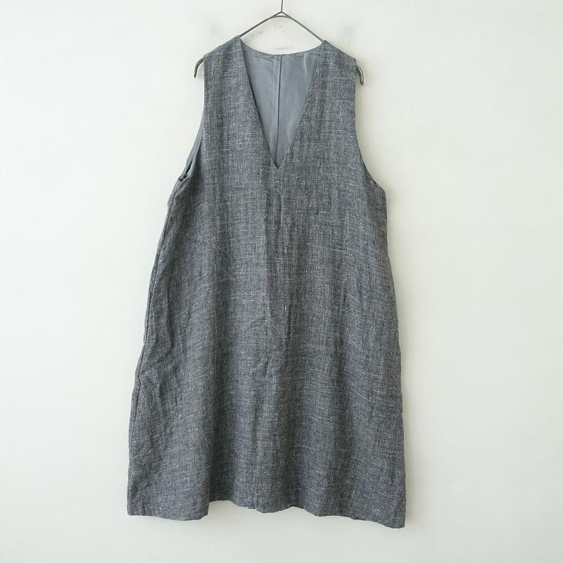 中川政七商店 ウール混 麻 ツイード Vネック ノースリーブ ワンピース フリー 中川政七商店 ウール混 麻 ツイード Vネック ノースリーブ