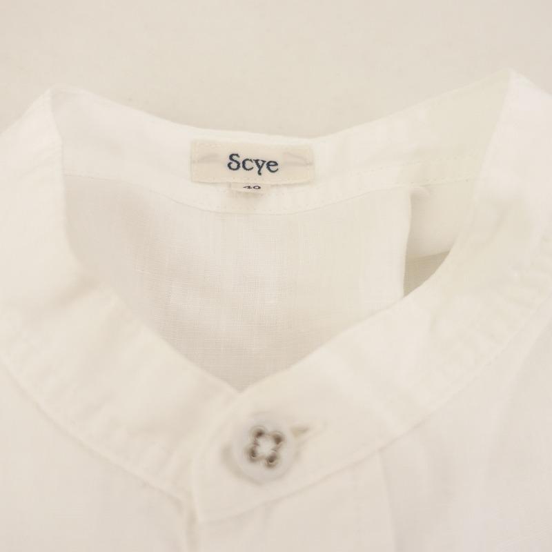 美品 サイ scye 麻 リネンシャツ 白 5分袖 タック バンドカラー