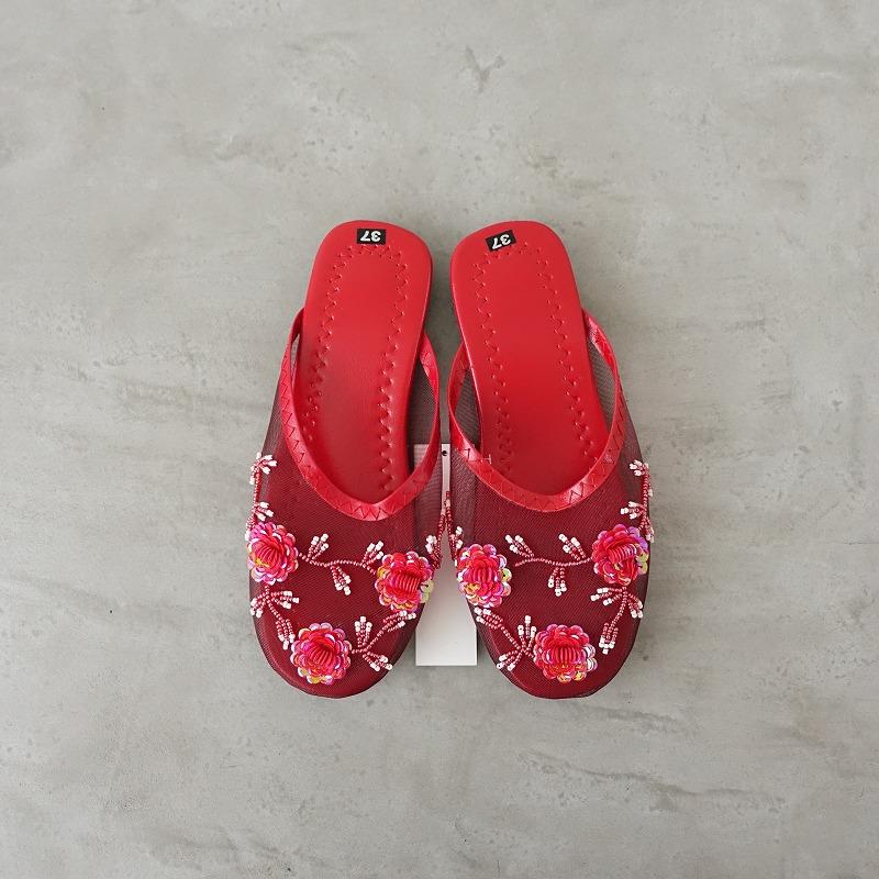 【新品未使用】Valentino サテン装飾サンダル 37 ビーズ刺繍 レッド HOUSE OF LOTUS（ハウス オブ ロータス） 【未使用】ハウスオブ