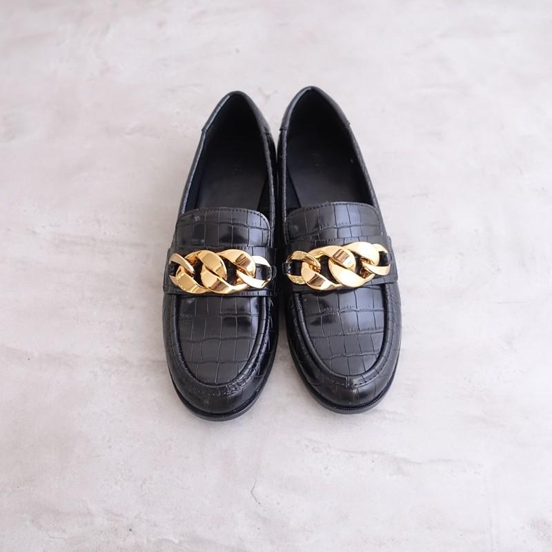 未使用】ザラ ZARA *クロコ調型押しローファー 38/24*黒1225(sh10-2512