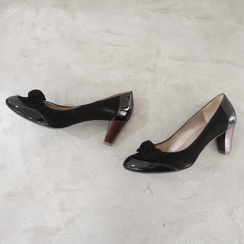 卑弥呼（HIMIKO） *リボン付きパンプス 25*黒ブラック皮革靴レザー