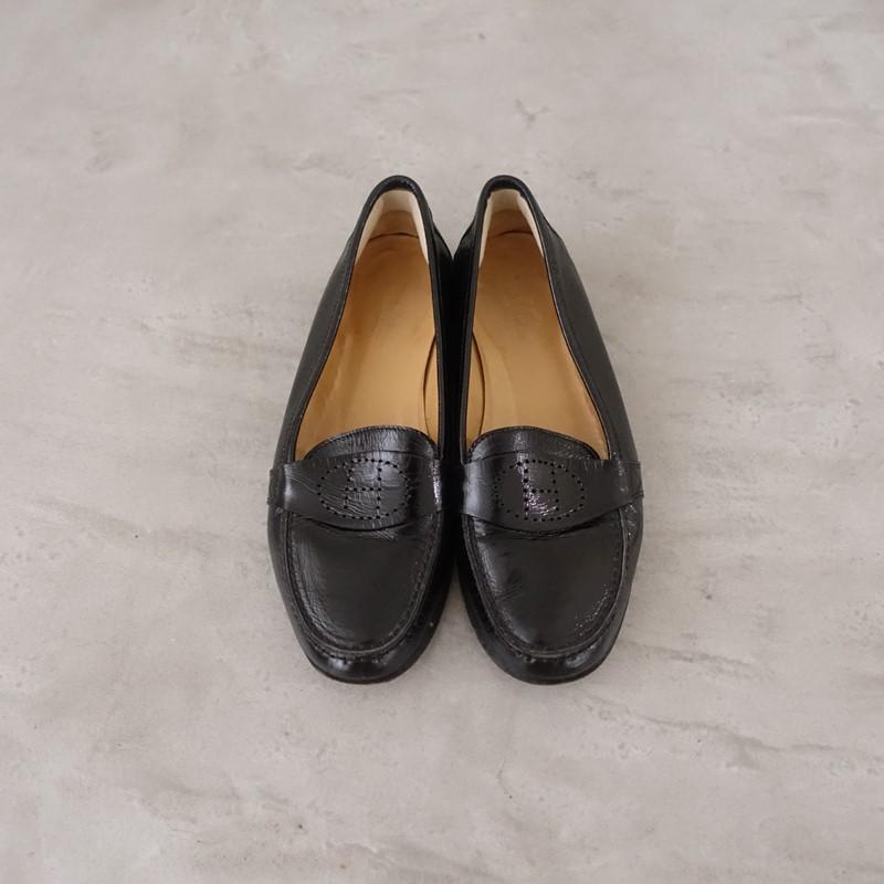 エルメス 新品　ブラック ローファー 35ハーフ エルメス HERMES *レザーパンチングローファー 35.5/22.5*黒ブラック