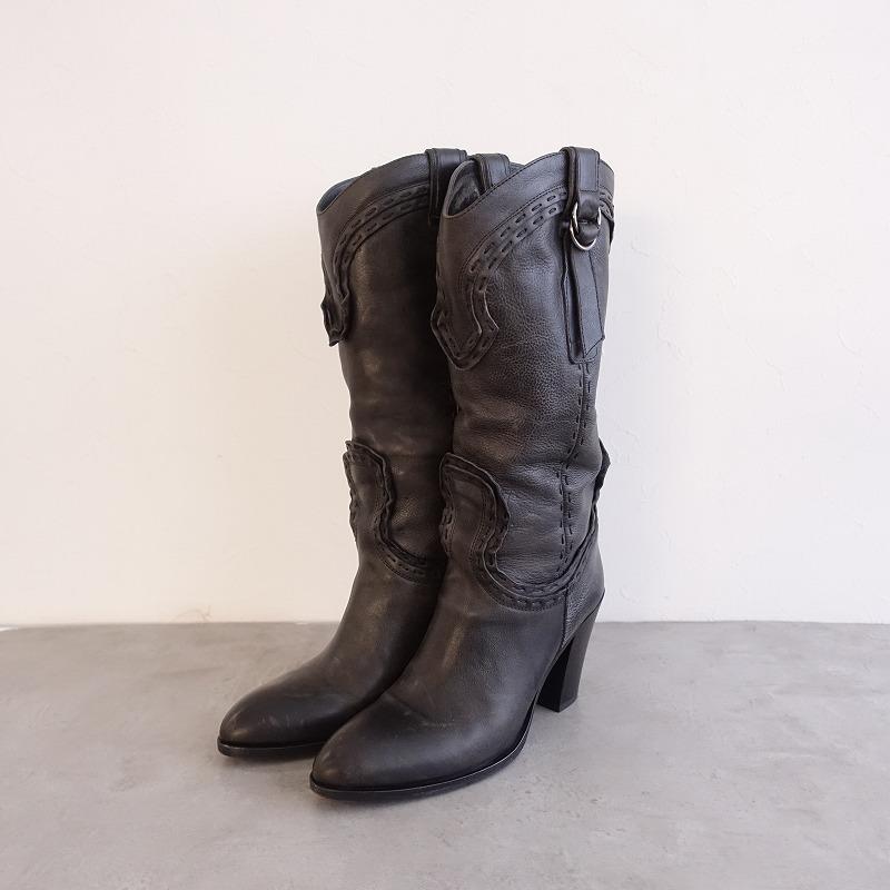 BUTTERO ブッテロ *レザーウエスタンブーツ38/24*あせ黒ブラック革皮  