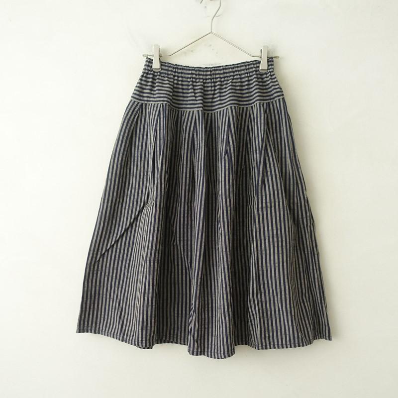 YAMMA 【定価1.9万】ヤンマ産業 *会津木綿 棒縞 タックスカート*藍色