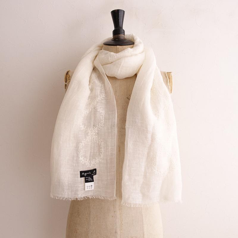 ★新品アニエスb リネンのストール agnes b.（アニエスベー） *リネンコットン刺繍ガーゼストール