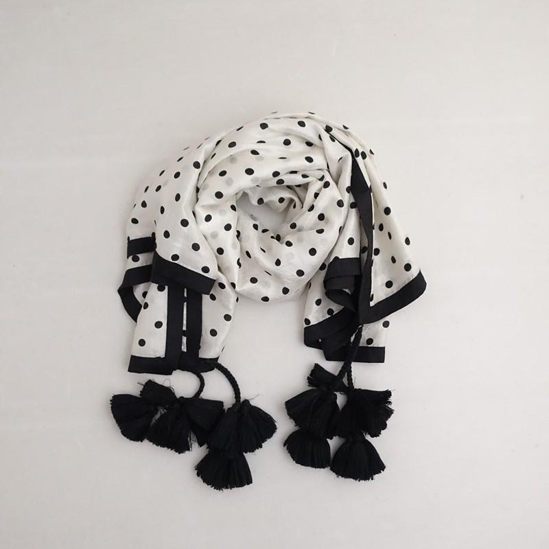 定価1.5万】ブノン BUNON *タッセルスカーフ*大判ドットオフ白×黒