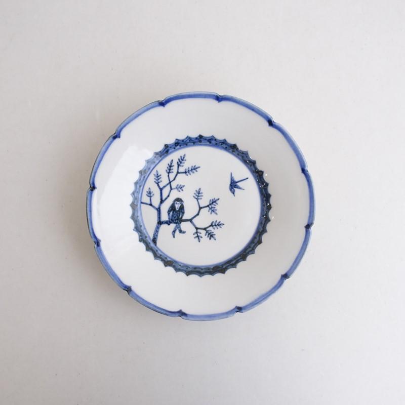 美品】須藤拓也 *染付輪花皿 17cm*お皿食器鉢絵付け猿鳥【陶器】(wa5