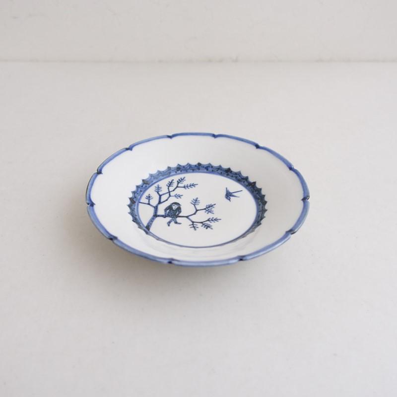美品】須藤拓也 *染付輪花皿 17cm*お皿食器鉢絵付け猿鳥【陶器】(wa5