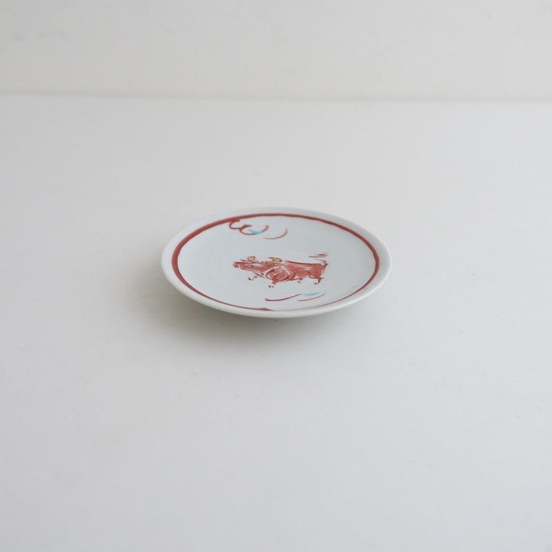 美品】赤地健 *干支 豆皿*小皿プレート赤絵牛食器テーブルウェア作家