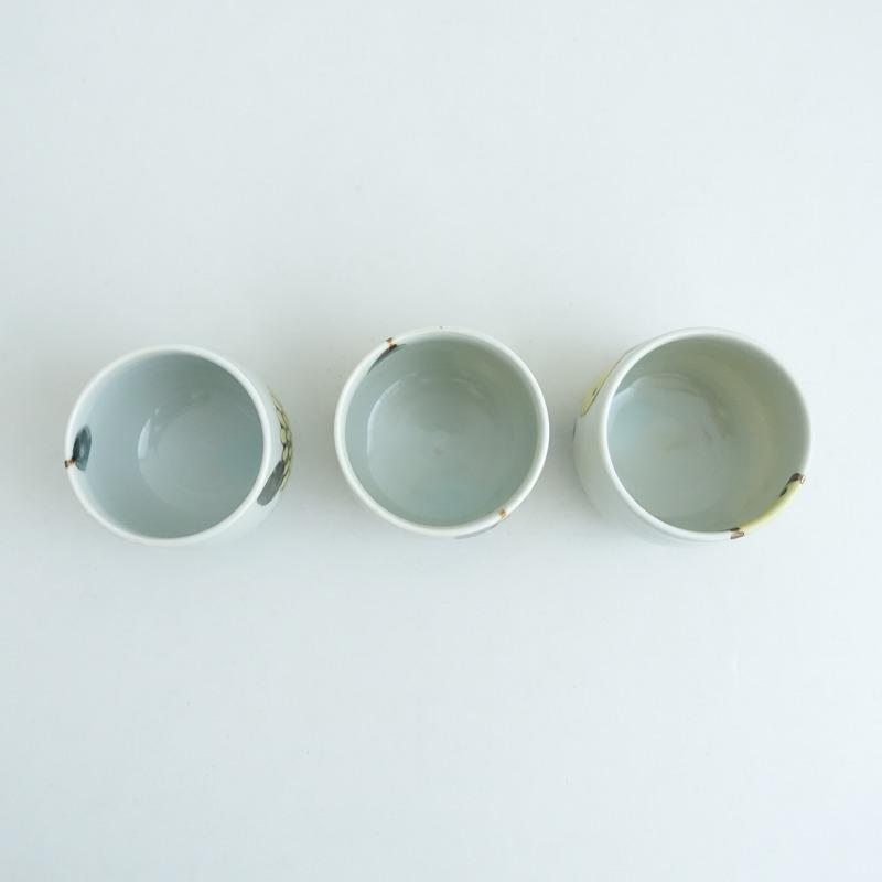 美品】徳永遊心 *コロンカップ 湯呑み 色絵菊/色絵みかん 3点セット*器