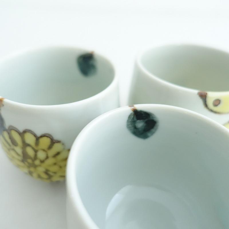 美品】徳永遊心 *コロンカップ 湯呑み 色絵菊/色絵みかん 3点セット*器
