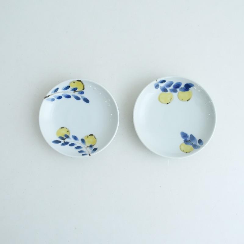 美品】米満麻子 *色絵レモンの木 12cm/13cm 2枚セット*お皿小皿