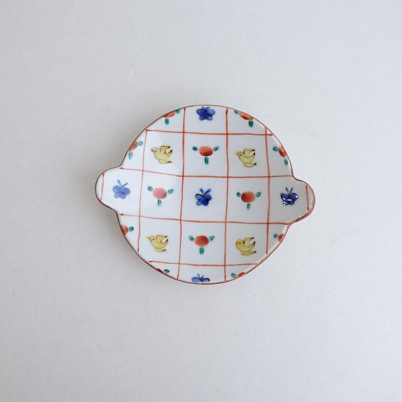 美品】中町いずみ *ミミつき小皿 12cm 鳥花蝶*器うつわプレートお皿