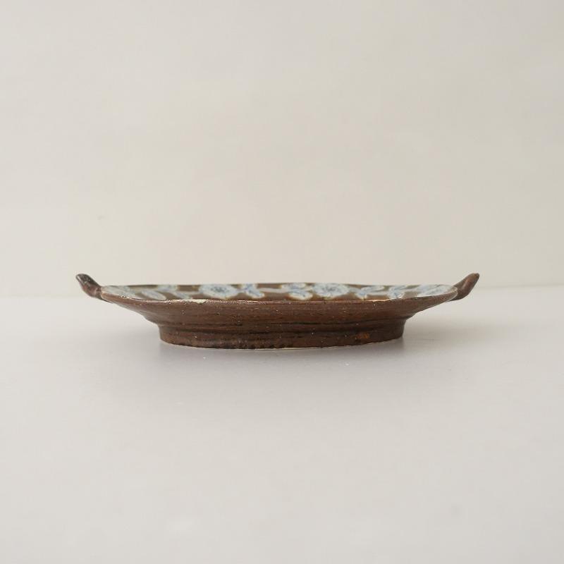 天平窯 岡さつき *手付きオーバルプレート*茶色ブラウン花