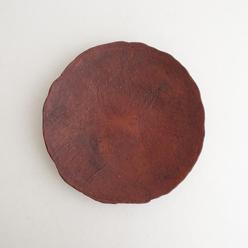 赤色と茶色の模様の皿 美品】西川聡 *赤いうつわ 7.5寸皿*レッドお皿和食器大皿作家土【陶器