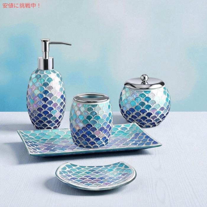 【並行輸入品】WHOLE HOUSEWARES バスルームアクセサリー 5点セット ブルー モザイクガラス仕上げ デコレーションガラス バスルームアクセサリー |  | 03
