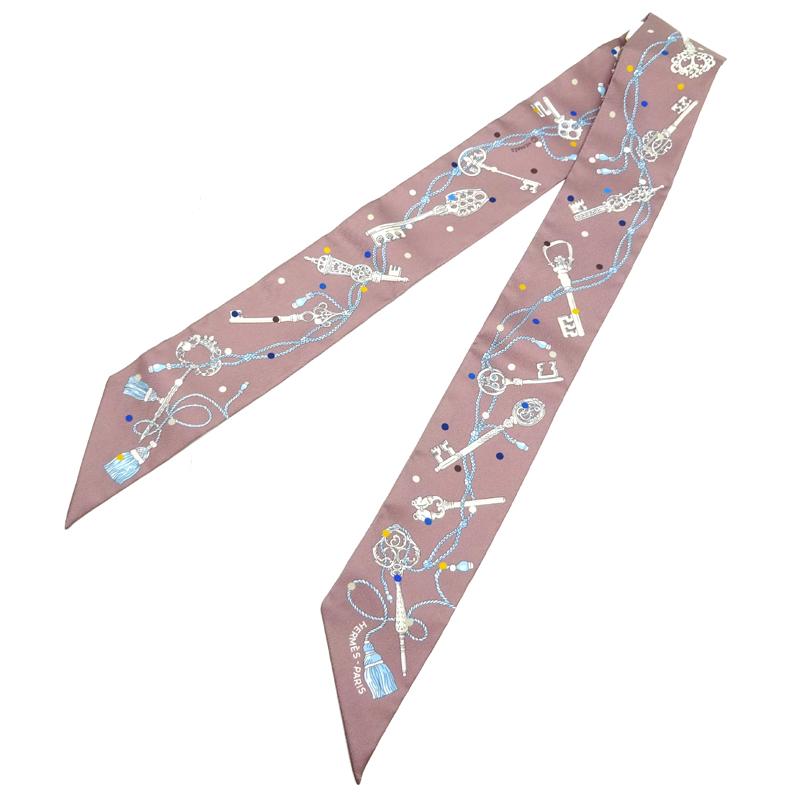[飯能本店]HERMES エルメス ツイリー Les Cles a Pois レクレアポア スカーフ シルク100％ マルチ（ピンク