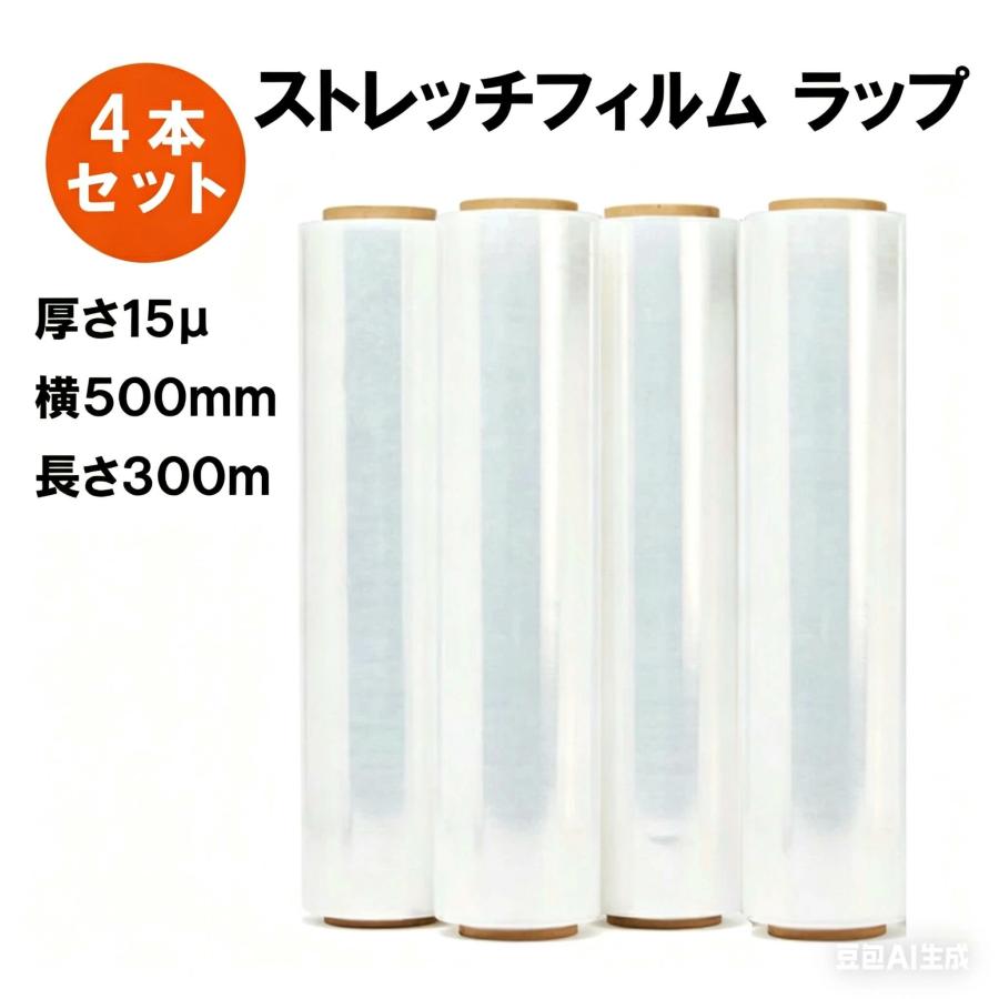 【予約販売★5/15入荷予定】ストレッチフィルム  (15μ × 500ｍｍ × 300ｍ) 4巻セット 梱包用 ラップ 荷崩れ防止に最適な 業務用 倉庫作業 梱包資材 梱包用品（Yahoo!・TRINITY COSME.）