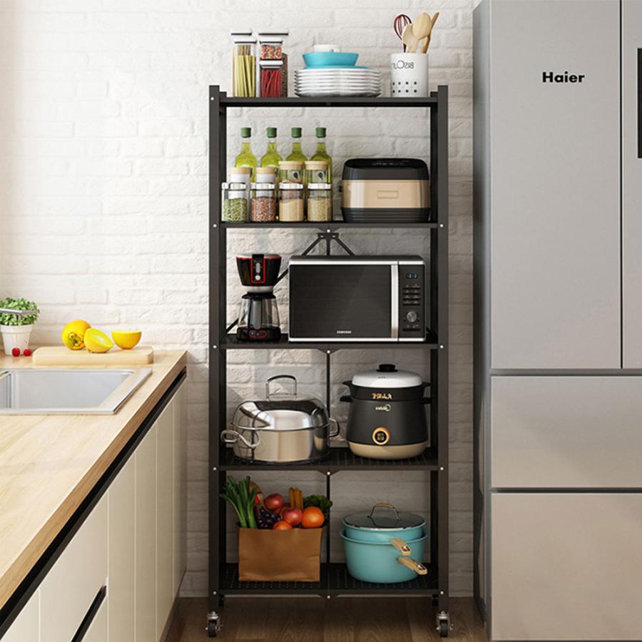 ラック 折りたたみ 5段 キッチンラック シェルフ オープンラック メタル スチールラック 防サビ加工 大容量 移動便利 ストッパー付きキャスター 組立簡単 食器棚 |  | 15