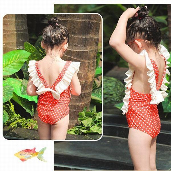 可愛さ 子供服 水着 女の子 温泉用水泳用海水浴 水遊び ビーチ ワンピース リボン フリル オールインワン 背中見せ 背中開き ドット柄 2周年記念イベントが