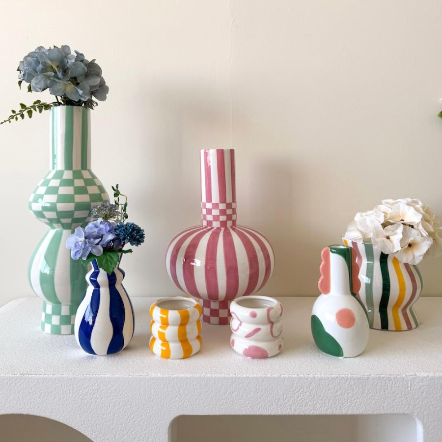 QUE RICO ケリコ ガブリエラスクエアーズアンドストライプス 緑であること ペパーミント 花立て Flower Vase エスパニア ヨーロッパ 生け花 素っ気ないお花 一輪挿し
