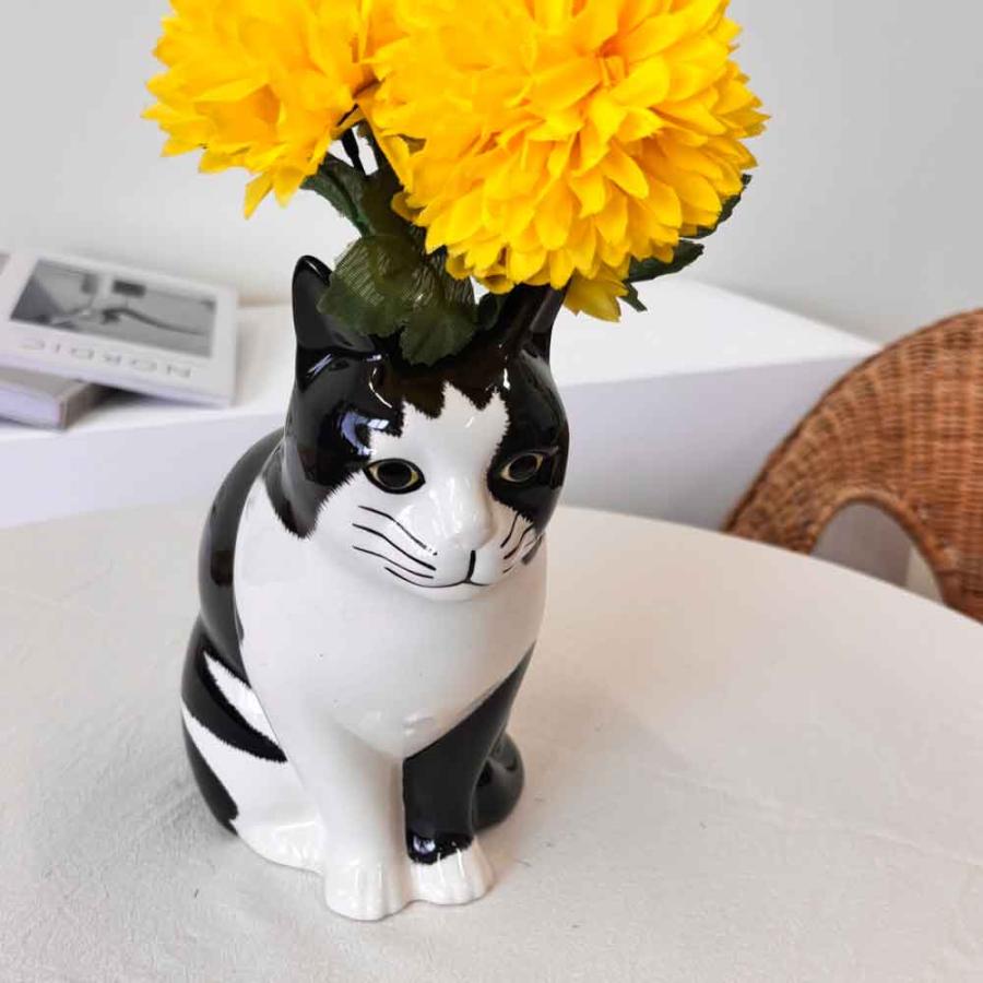 可愛い猫型花瓶 花瓶 猫 白黒 ハチワレ おしゃれ 可愛い 陶器 大きい 動物 アニマル