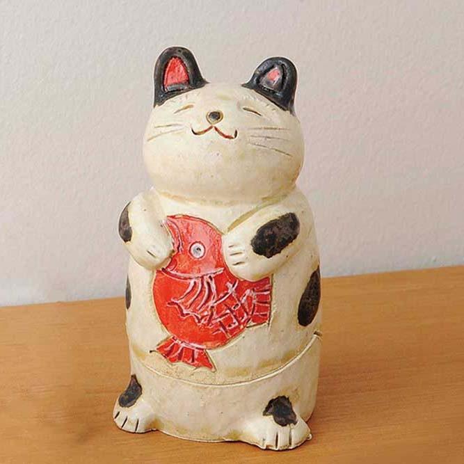 陶器 手造り 香炉 香立て/ 鯛持ち白猫 香炉（中） /置物 インテリア