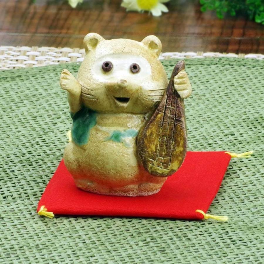 手造り 置物/ たぬき置物（琵琶） /座布団付 インテリア プレゼント