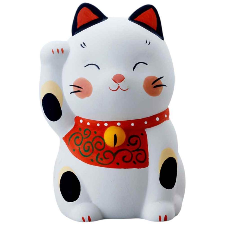 招き猫 手描き 陶器 置物 縁起物 笑顔/ 微笑招猫貯金箱・白 /自分用