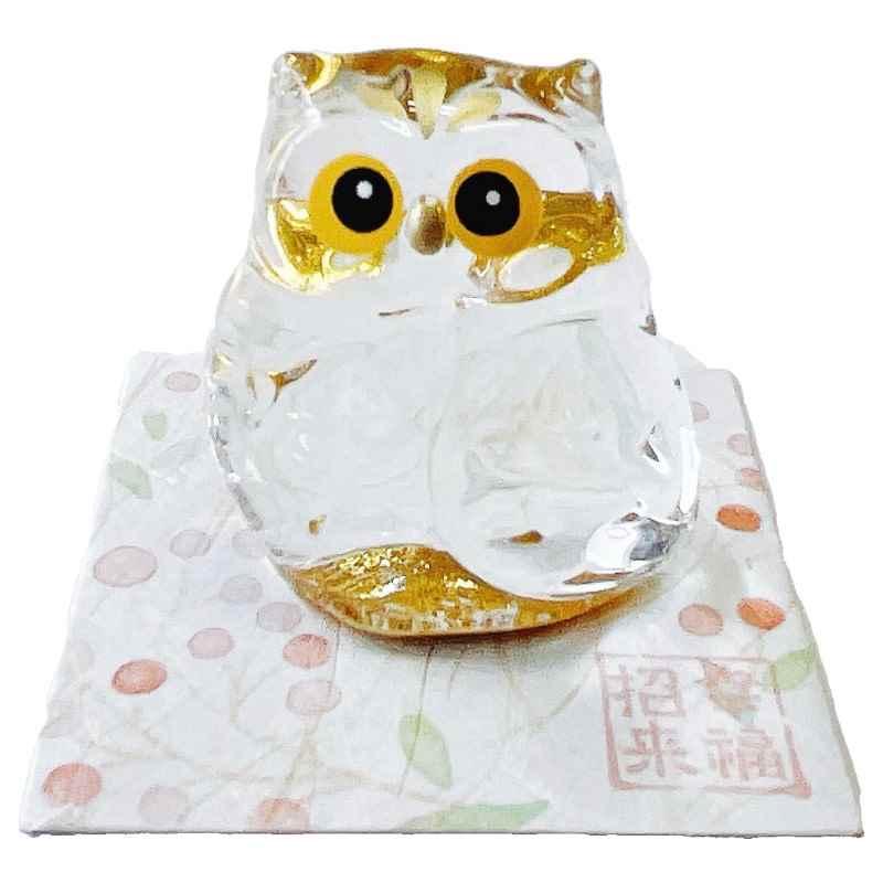㊵ ふくろう 置物 ガラス ガラス細工 フクロウ親子（青）と切り株 ミニチュア 雑貨 置物