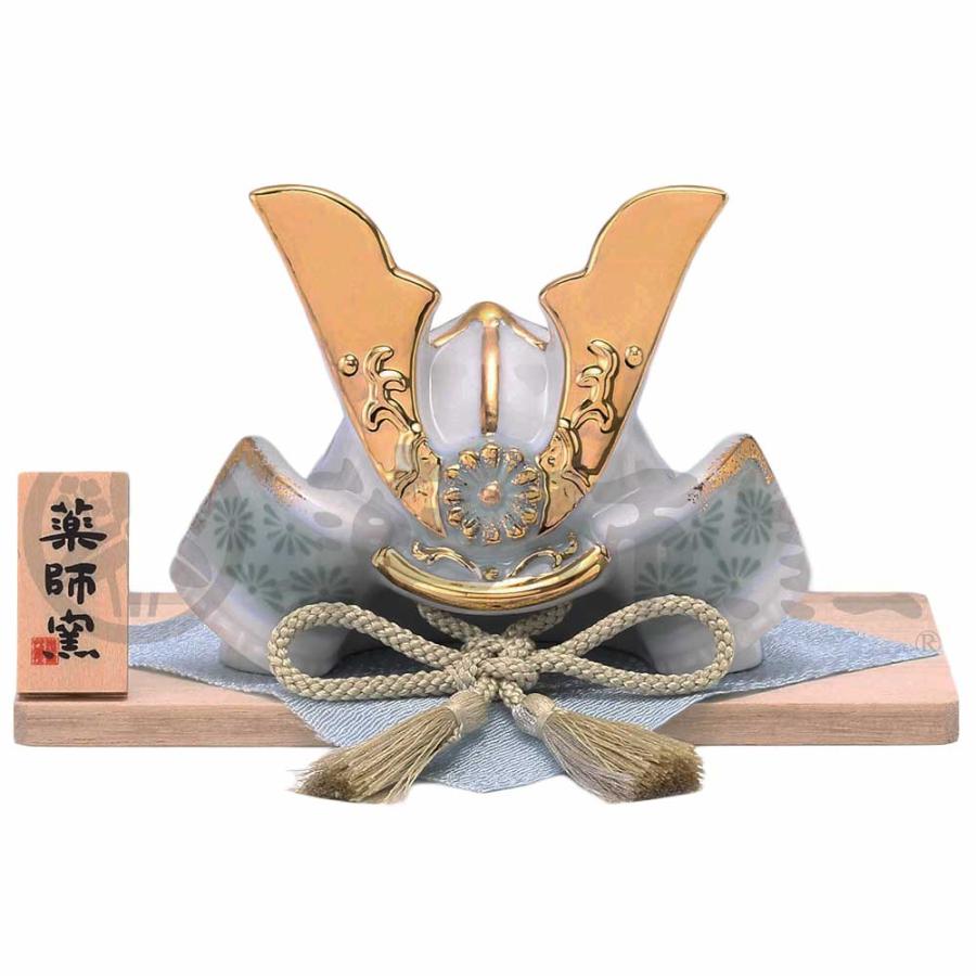 五月人形 コンパクト 兜 陶器 小さい/ 染絵出世兜(白藍) /こどもの日 端午の節句 初夏 お祝い 贈り物 プレゼント（Yahoo!・美濃のちゃわん屋さん 古林恩羅院）