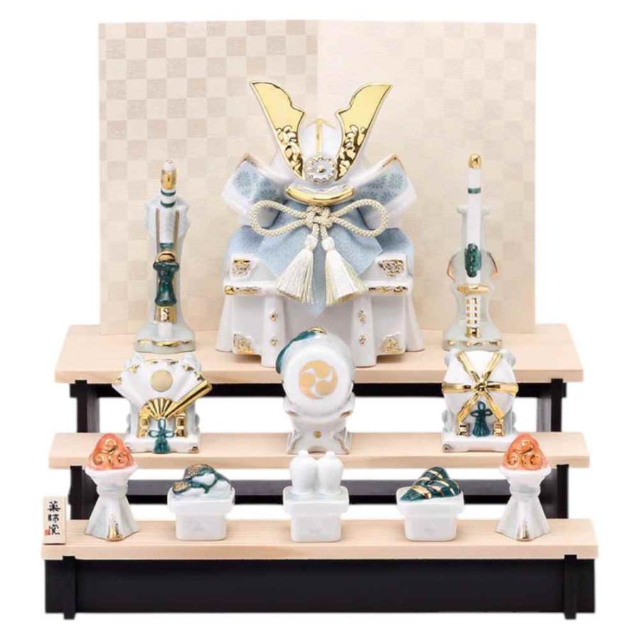 五月人形 コンパクト 陶器 小さい 兜/ 染絵出世兜(白藍・組み立て式三