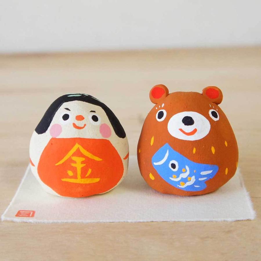 五月人形 コンパクト 陶器 小さい 金太郎 人形師の手造り置物/ 張子風 金太郎と熊 /こどもの日 端午の節句 初夏 お祝い 贈り物 プレゼント | 