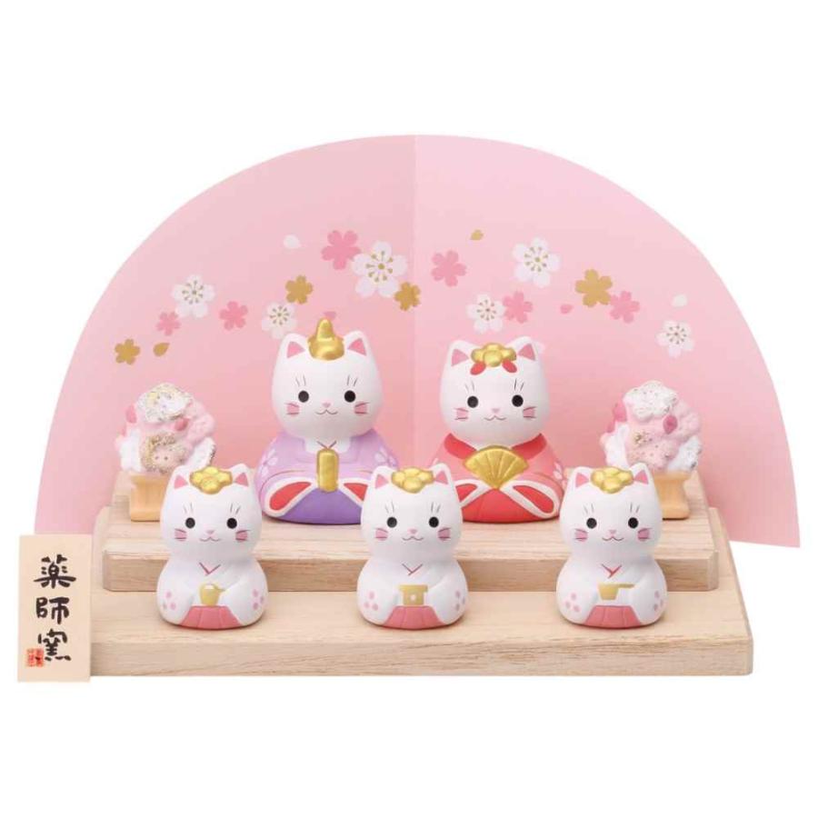 雛人形 コンパクト 陶器 小さい 可愛い/ 錦彩ねこ飾り雛(平飾り